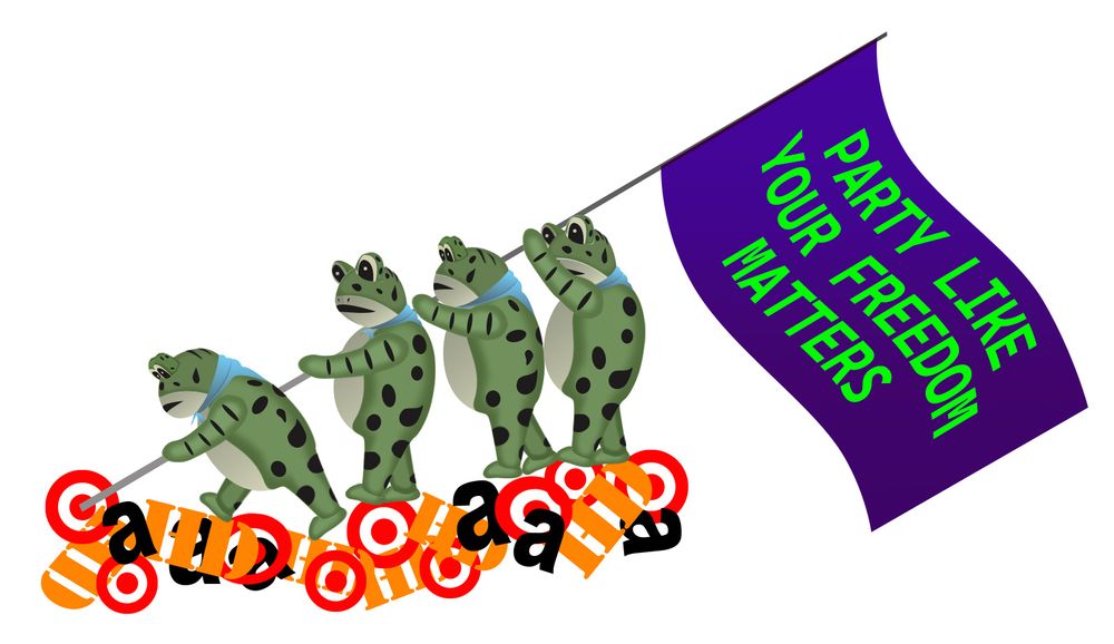 Four inflatable frogs plant a flag that says "Party like your freedom matters" in a pile of corporate "logo" look-a-likes