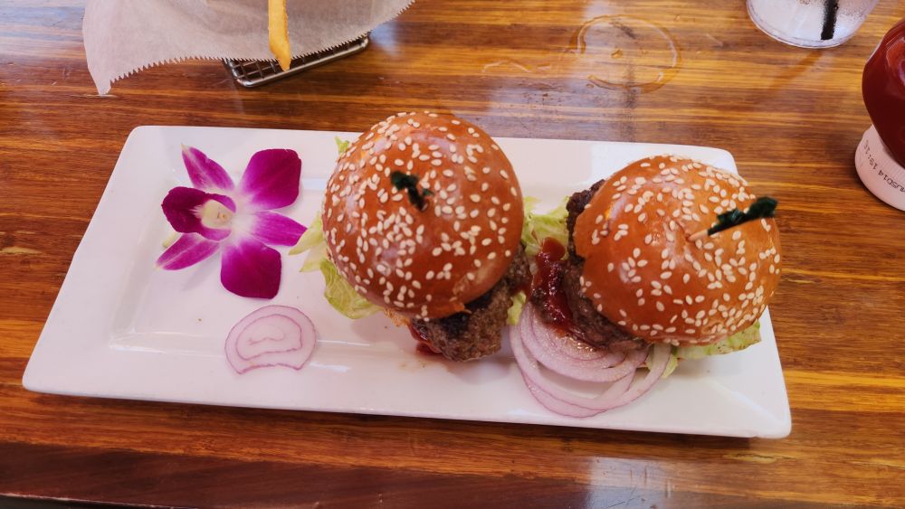picture of burger sliders I had at a restaurant. the beef is slightly sticking out the edge of the bun, and there's onion falling off the burger. it was also served with a pretty purple and white flower to the side, as decoration. while technically an edible flower, it doesn't taste good and I wouldn't recommend eating that. stick to the burger