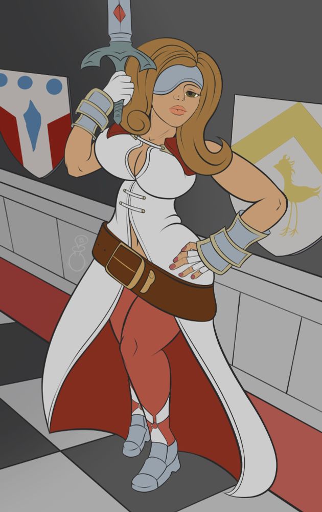 Beatrix inexplicably posing in a corridor with her sword held up!