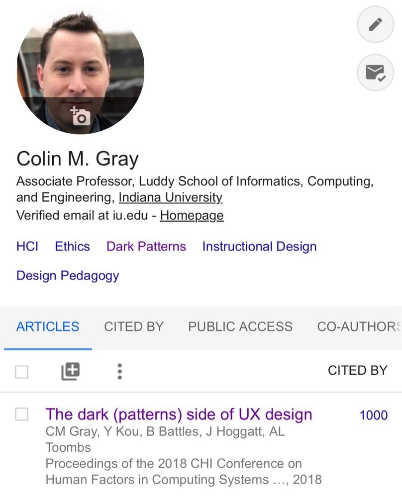 Screenshot of colin’s google scholar profile, showing the paper “The dark (patterns) side of UX design” with 1000 citations. 