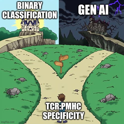 meme paper summary showing a fork in the road for the tcr:pmhc specificity problem: 1. pointing to binary classification 2. pointing towards gen AI
