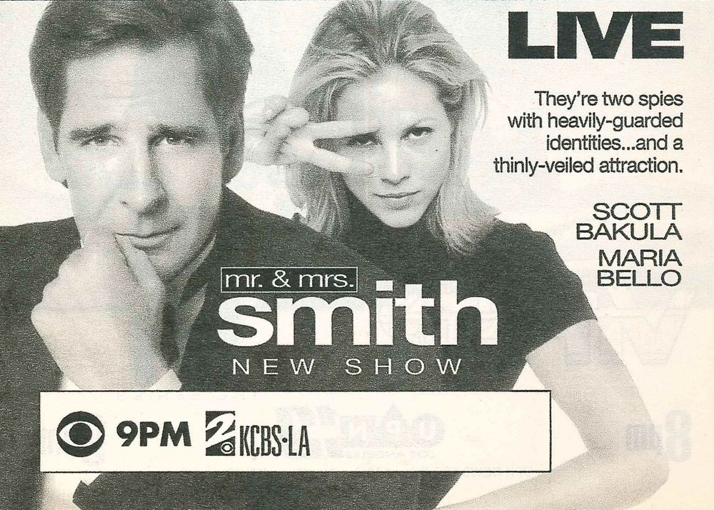 A black and white ad of the 1996 TV series Mr. & Mrs. Smith: Scott Bakula in the foreground, Mario Bello in the background.
