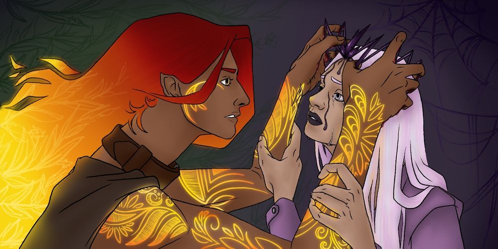 Fy'ra Rai and Opal, standing in front of each other, Fy'ra clutching the Crown of Barbed Vision (that is attached to Opal's head) in a death grip, its edges cutting into her fingers, her flesh and the blood darkening around its evil influence. Opal is crying, clutching Fy'ra's arms, torn between pushing her away and letting her stay. In the background there are vines and a few flowers behind Fy'ra, symbolising her attachment to the Wildmother, and behind Opal, there are cobwebs, showing the influence of the Spider Queen over her.