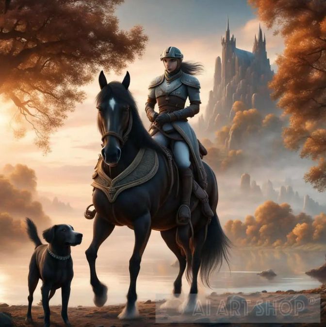 Ai generated image of a woman riding a horse. With a pond and modern cityscape in the background. With a castle on top of the cityscape. Lots of mist. Dog with three paws and a duck foot stands next to the horse.