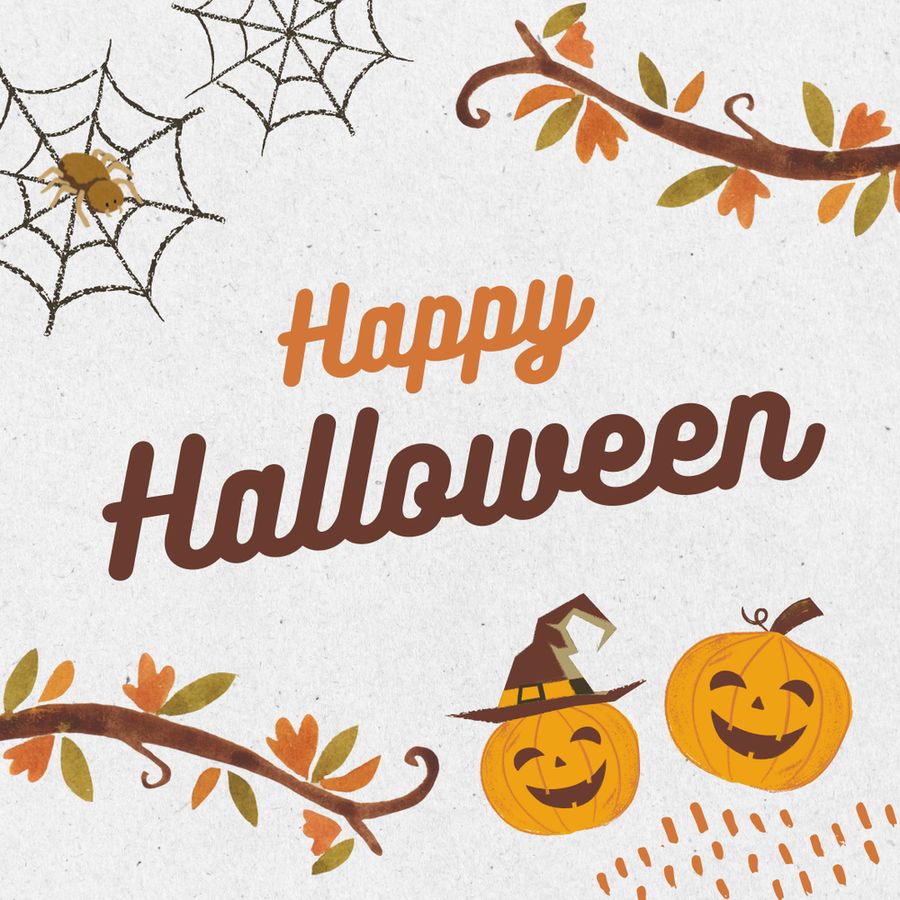 Image of two illustrated pumpkins surrounded by autumn tree branches and the text "Happy Halloween"