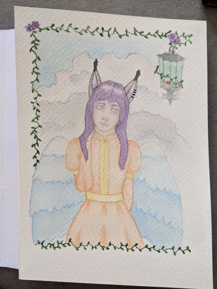 A purple-haired girl with wings and cat ears. 