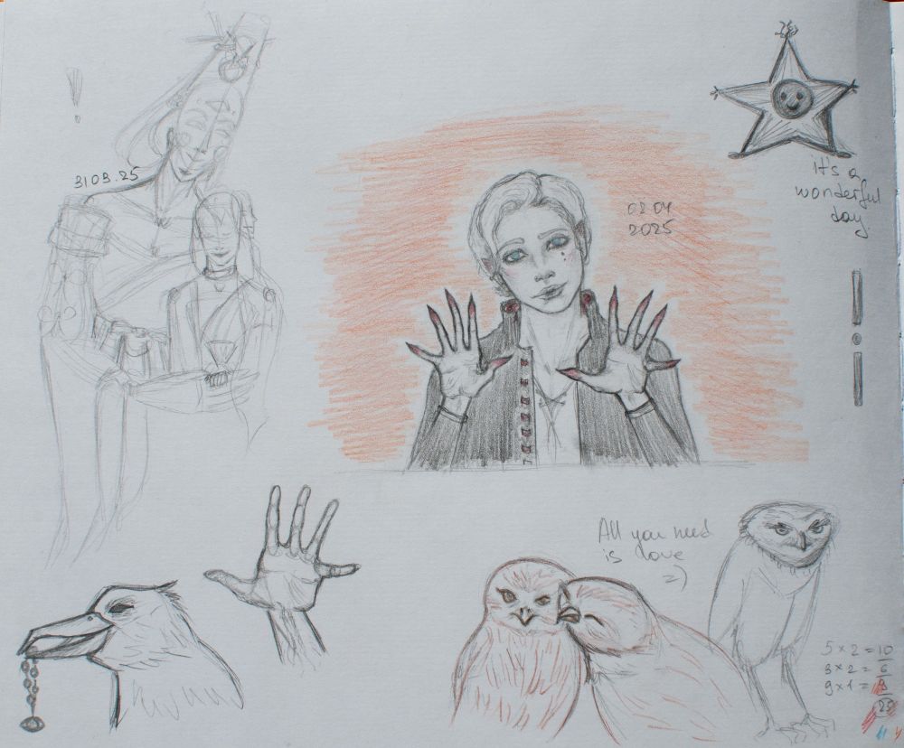A sketchbook page with birds and people