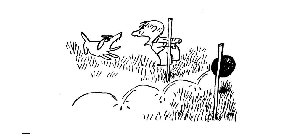 Dessin de Sempé pour Les récrés du petit Nicolas. On voit Alceste en train de s'engueuler avec un chien errant tandis qu'un ballon rentre dans but de fortune qu'il est censé défendre.