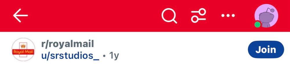 A screenshot of the Reddit for Royal Mail (r/royalmail). Royal Mail is the UK national postal service 