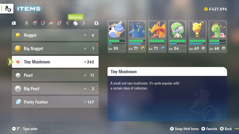 A screenshot of my Bag in the video game Pokemon Legends ZA. It shows that I have 6 Nuggets, 262 Tiny Mushrooms, 11 Pearls and 167 Pretty Feathers in my inventory. They are all little trinkets and the meaning of my post is sarcastic because I have collected a lot of little trinkets and it looks like an addiction 