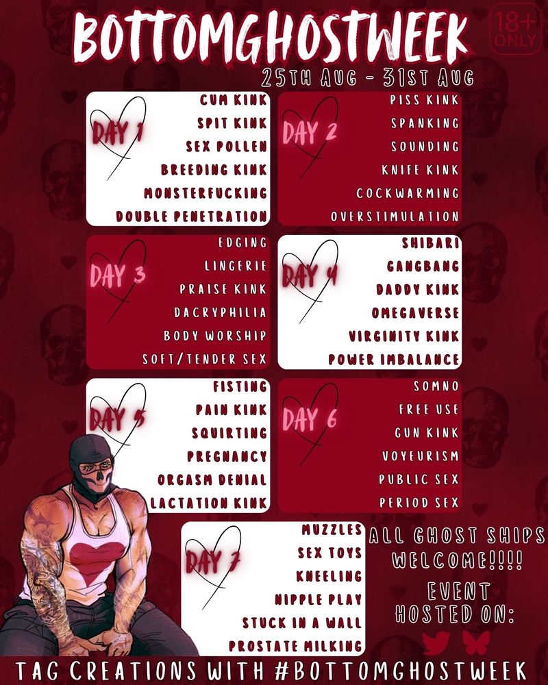❣️ BOTTOM GHOST WEEK PROMPTS ❣️

day 1:
cum kink
spit kink
sex pollen
breeding kink
monsterfucking
double penetration

day 2:
piss kink
spanking
sounding
knife kink
cockwarming
overstimulation

day 3:
edging
lingerie
praise kink
dacryphilia
body worship
soft/tender sex

day 4:
shibari
gangbang
daddy kink
omegaverse
virginity kink
power imbalance

day 5:
fisting
pain kink
squirting
pregnancy
orgasm denial
lactation kink

day 6:
somno
free use
gun kink
voyeurism
public sex
period sex

day 7:
muzzles
sex toys
kneeling
nipple play
stuck in a wall
prostate milking