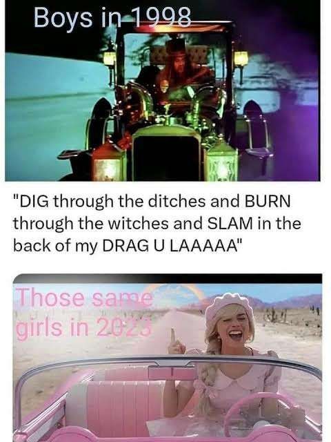 Top panel shows Dragula video and bottom shows Barbie singing it.  Boys in 1998 vs girls in 2025 
