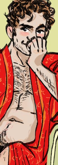 crop of larger drawing showing a man in an open red robe, smiling, resting his chin on his hand.