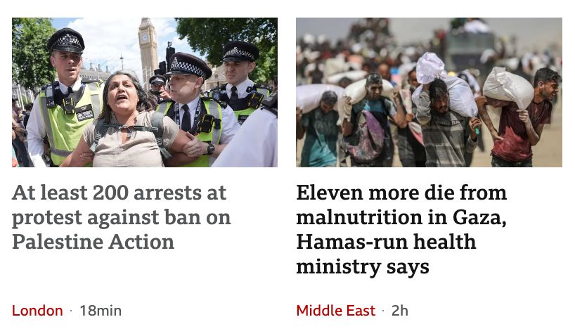 Two adjacent headlines from BBC website, 9 Aug 2025. One reads "At least 200 arrests at protest against ban on Palestine Action", the other "Eleven more die from malnutrition in Gaza, Hamas-run health ministry says"