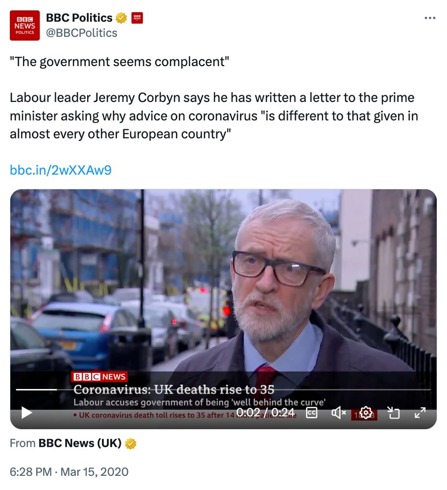 @BBCPolitics
"The government seems complacent"

Labour leader Jeremy Corbyn says he has written a letter to the prime minister asking why advice on coronavirus "is different to that given in almost every other European country"
