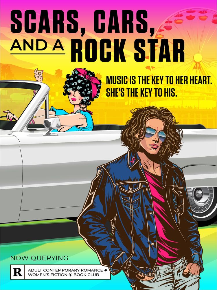 Scars, Cars, and a Rock Star poster featuring a rocker standing near a cute girl behind the wheel of a classic car.