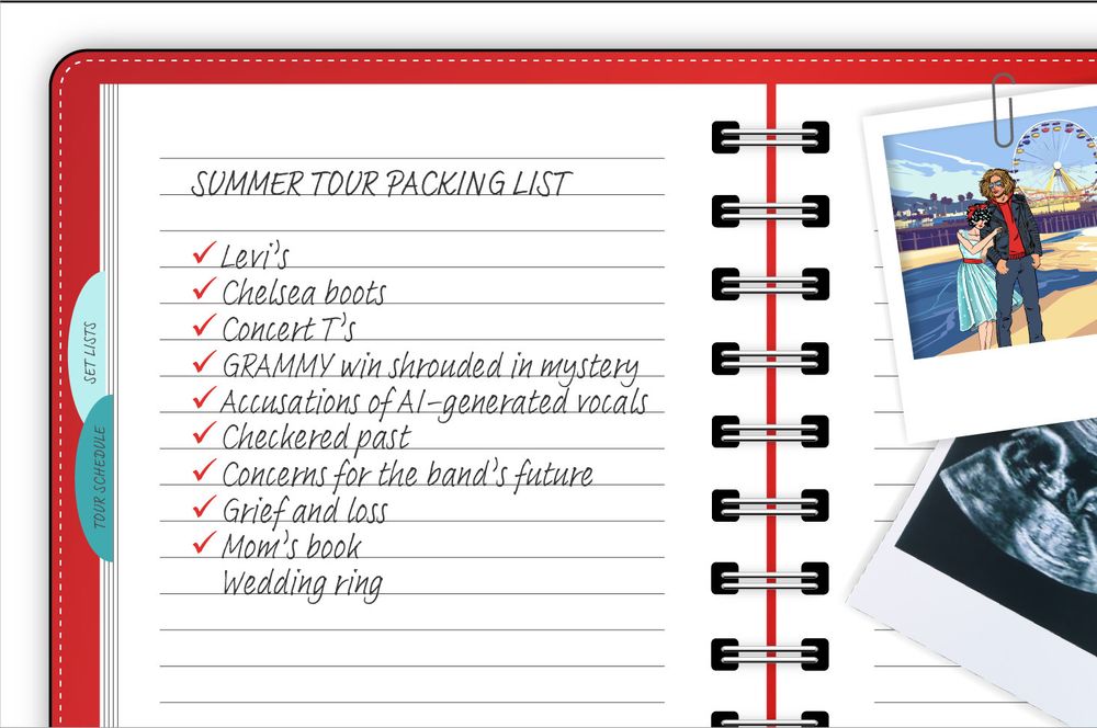 Borrowed Bandana agents guide details slide featuring an open notebook page with Polaroid photos clipped on the top and a summer tour packing list