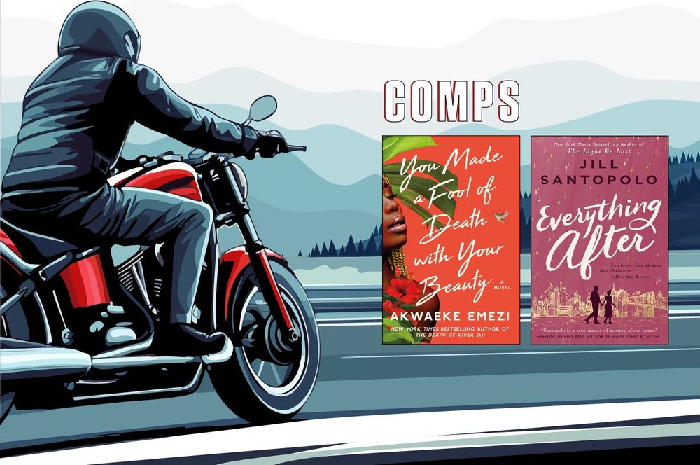 Borrowed Bandana agents guide comps slide featuring an illustration of a man riding a motorcycle 