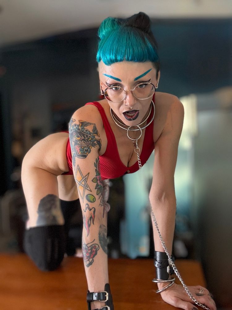 Nat is on all fours - she appears to be crawling /slinking towards the camera. Her lead arm and leg are heavily tattooed and we get a good look at some of the American Traditional patchwork making its way from her shoulder to mid forearm. 
She is wearing black thigh highs and a red ribbed thong bodysuit with a keyhole at the bust. She wears her thick black leather collar buckled snugly. The large silver -O- ring that hangs from it has been attached to a long silver chain lead... Her black leather wrist cuffs with double silver buckles join her usual assortment of locked adornments. Her hair is a combination of aqua and a deep dark blue black- she has her typical baby bangs while the rest of her hair has been swept back away from her face. She wears her round framed wire rimmed glasses, a dramatic  graphic cat eye to mirror her Spock like blue eye brows, and has chosen black/grey lipstick to frame her pout.