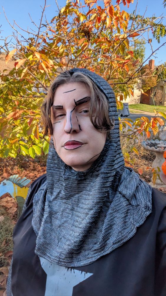 Vid in a costume chainmail hood with face makeup that resembles cel shading