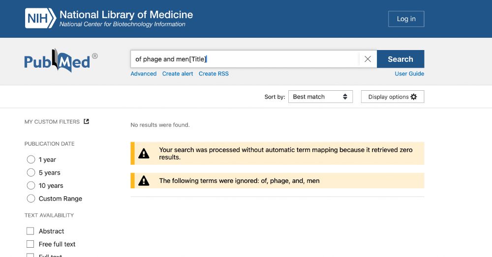 Pubmed screenshot of searching for papers with the title "of phage and men"