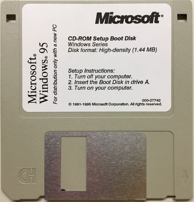 Microsoft Windows 95 CD-ROM Setup Boot Disk, high-density 1.44 MB floppy disk labeled for distribution only with a new PC. The label includes setup instructions for booting from drive A, and copyright dates from 1981 to 1995.