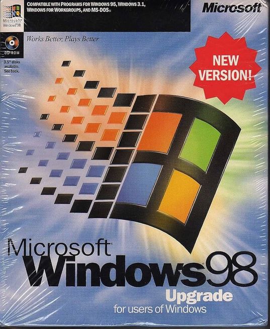 Retail packaging of Microsoft Windows 98 Upgrade edition, featuring the iconic Windows logo with a 'NEW VERSION!' badge. Highlights compatibility with Windows 95, Windows 3.1, Windows for Workgroups, and MS-DOS. Tagline reads 'Works Better, Plays Better' and mentions availability of both CD-ROM and 3.5-inch disk versions.