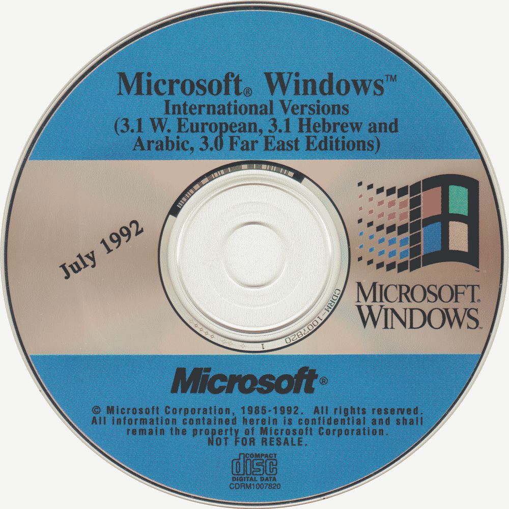 Microsoft Windows installation CD-ROM from July 1992, labeled 'International Versions' including 3.1 Western European, 3.1 Hebrew and Arabic, and 3.0 Far East Editions. Features the classic Windows logo and 'Not for Resale' notice.
