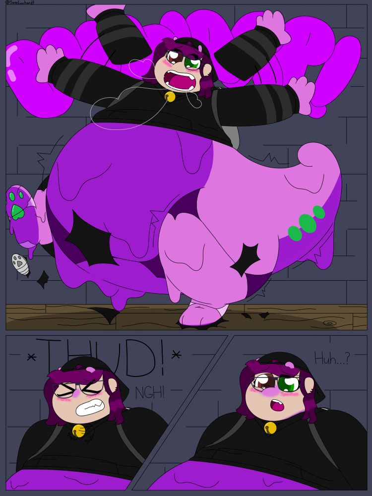 Panel 1: Sophie is suddenly thrown off balance as her entire lower body expands rapidly and fully becomes Goodra-ified. The sudden change also causes Sophie to expel a large amount of air with a very loud "BUWARP!", which also doesn't help her balance. The loss of balance causes Sophie to flail her arms around in an attempt to not fall over.

Panel 2: With a loud "THUD!" Sophie's butt hits the floor, causing her to let out a small "NGH!" Sound upon landing. Her neck and nose are starting to turn pink from her continued transformation.

Panel 3: Sophie's nose is beginning to elongate and become a Goodra snout. Slightly dazed, Sophie can only utter a confused, "Huh...?" As she watches her last physical traces of being a human slowly disappear.