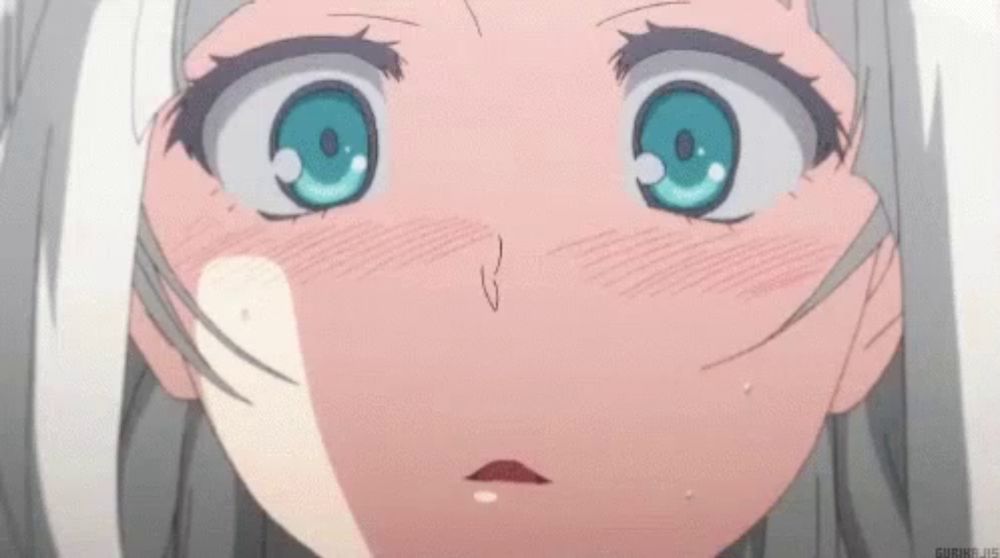 a close up of a anime girl 's face with blue eyes