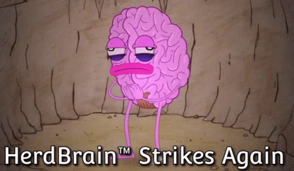 a cartoon of a brain with the words herd brain strikes again