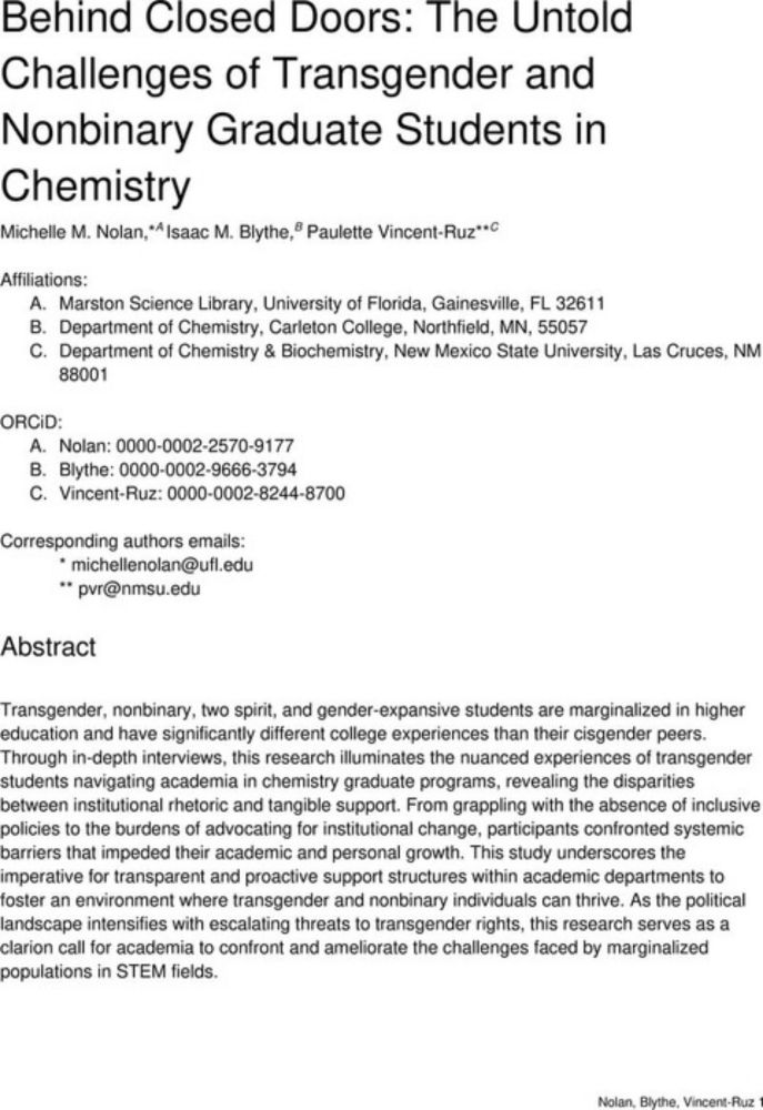 Behind Closed Doors: The Untold Challenges of Transgender and Nonbinary Graduate Students in Chemistry