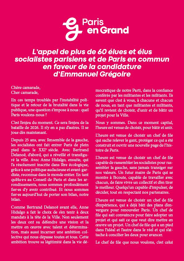 L’appel de plus de 60 élues et élus socialistes parisiens et de Paris en commun en faveur de la candidature d’Emmanuel Grégoire