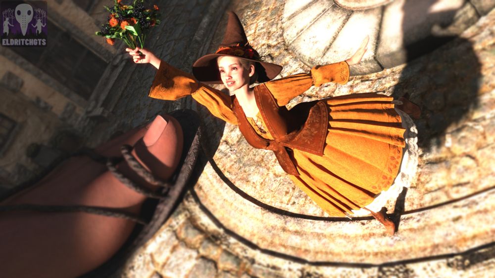 A young witch dressed in an autumnal dress and hat stands on tiptoes. She holds a bunch of flowers high above her head, offering them to the (mostly) off screen Hill Giant. Visible in frame is half of the Giantesses sandaled foot.