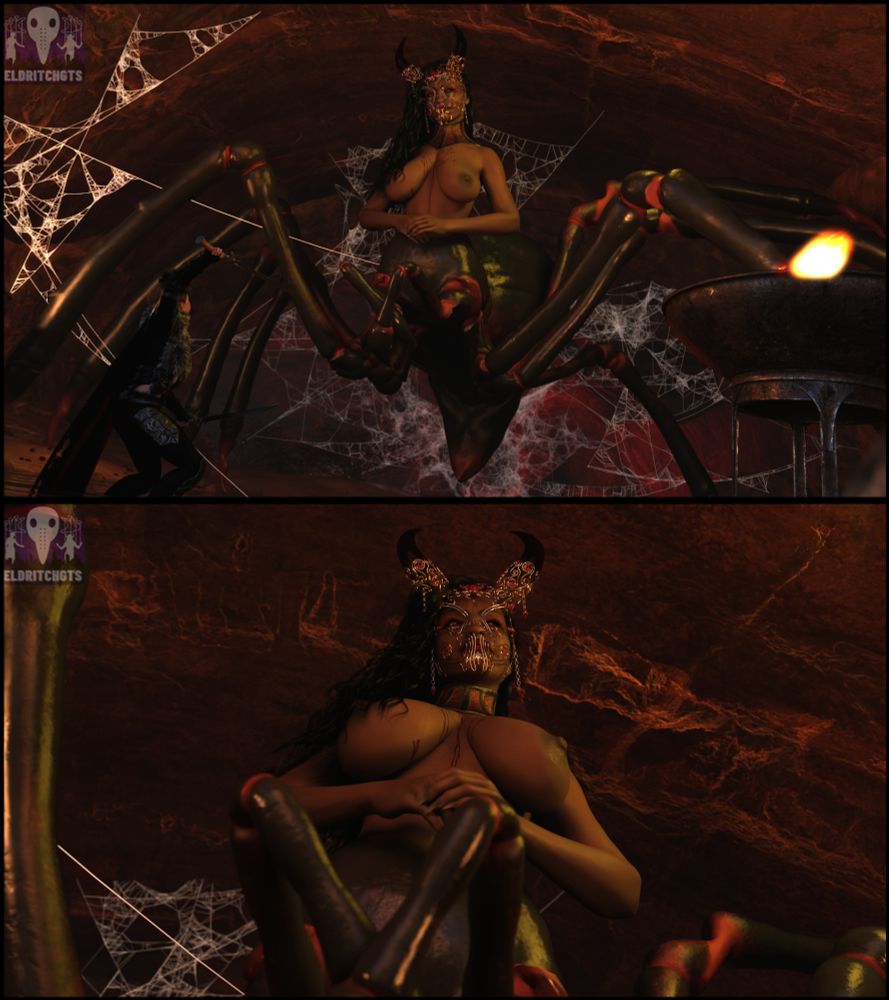 Panel 1 - The upper body of a human meeting the thorax of an enormous spider stands blocking a cobweb coated cavern. An armoured human stands in a fighting stance in the foreground.

Panel 2 - a looming POV showing the bulk of the Spider Queen looming