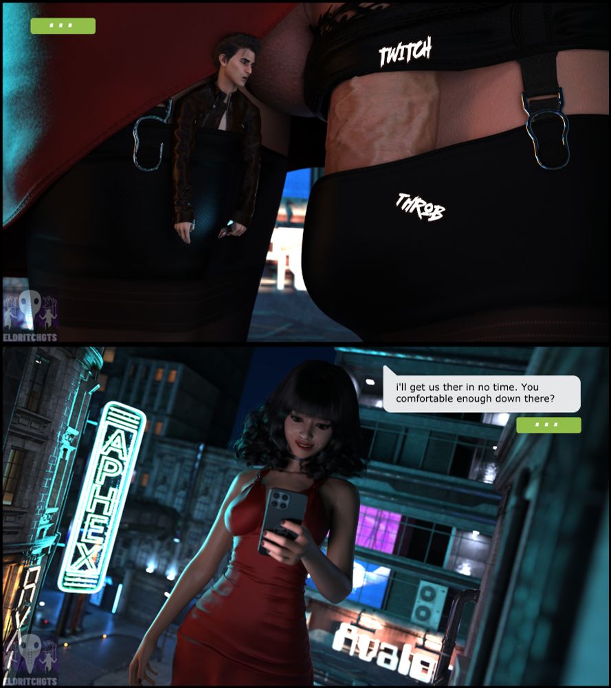 -Page 5-
The man is now tucked into her right stocking beside her restrained cock which throbs visibly. The man looks dumbstruck. A text bubble appears indicating that his date is typing a message to him. 

-Page 6- 
The giantess striding down the street bites her lower lip with excitement. She is looking at her phone after sending her date a text reading:
"i'll get us ther in no time. You comfortable enough down there?"
A text bubble indicates he is replying is visible beneath.