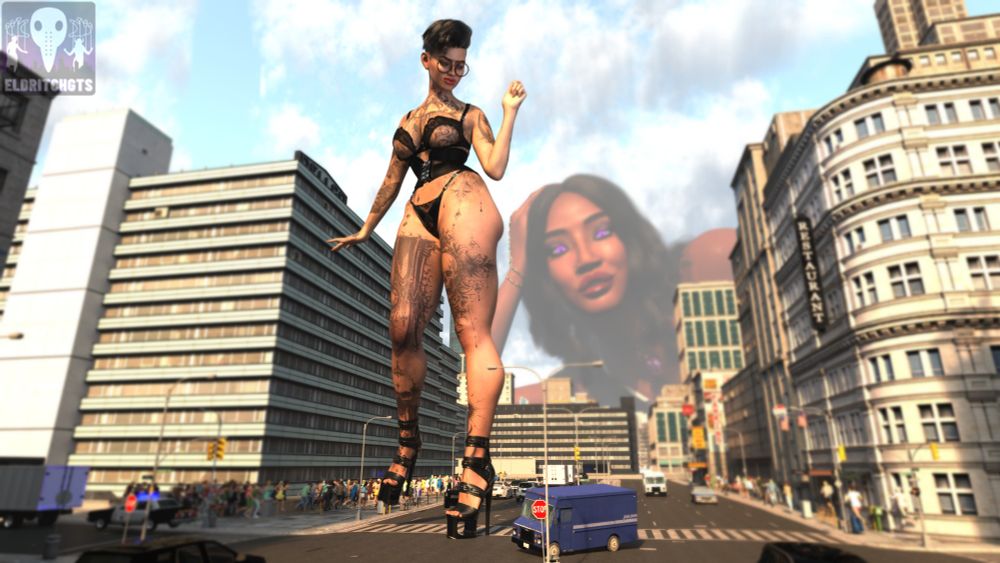 Severity flaunts her enormous body before the panicked streets below. Far, far in the distance a truly gargantuan Sativa watches her protegee eagerly