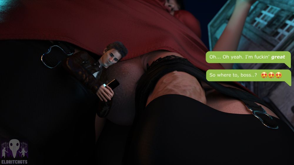 -Page 7-

Very low angle shows the face of the giantess looking at her phone far above, while her blind date smirks with glee as he sends his response.

"Oh... Oh yeah. I'm fuckin' GREAT"
"So where to, boss..? 😍😍😍"