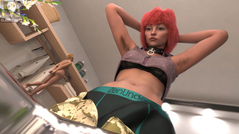 Indigo stands in a croptop & bra with his cargo pants unbuttoned, showing off his impressive bulge straining against his boyshorts. His hands over his head as he stares down expectantly at Frankie. Frankie stands naked, hands clasped behind her back as she kicks her heels demurely~ 