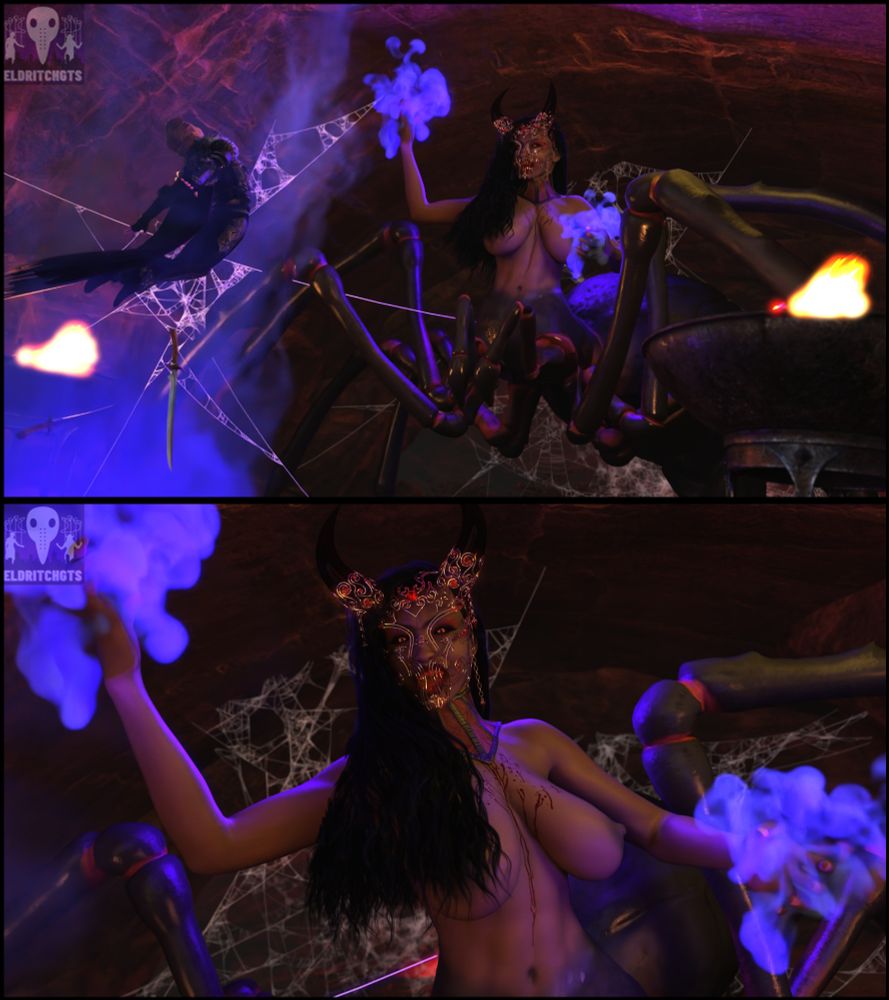 Panel 3 - The spider queen works her sorcery, plucking the human from her feet in a swirl of eldritch flames

Panel 4 - close up POV of the Spider Queen lit from the otherworldly blue flames. Her fangs bared behind the ornate decorative mask she wears.