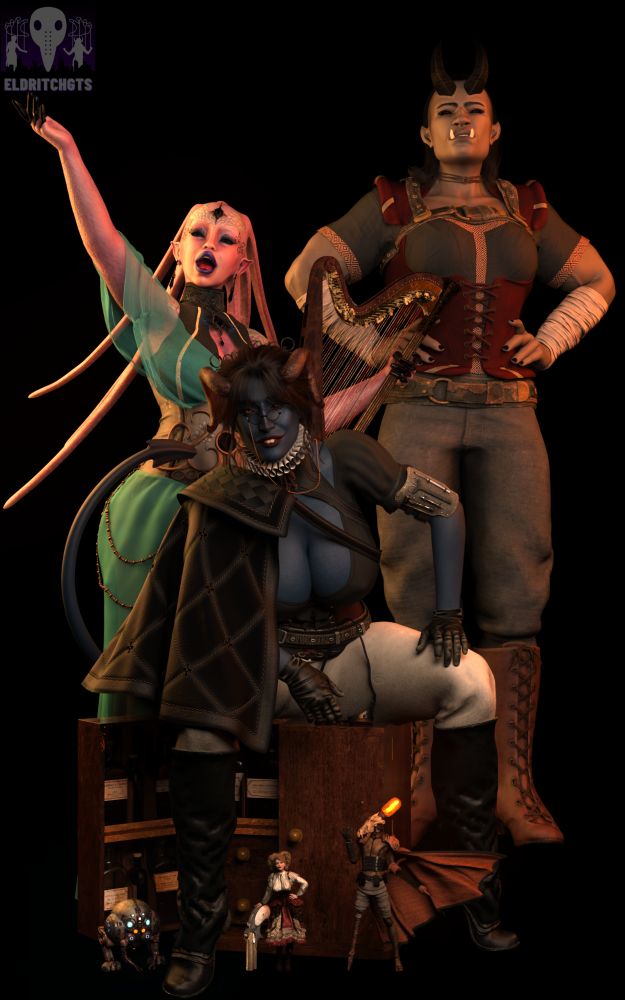 The blorbos from my Pathfinder group! 

(Back row L>R)
Contessa Delyanna Deltroix
Vulga
(Middle row)
Dr. Heidi Hoffman
(Front row L>R)
Nurse [Heidi's familiar]
Madame
Skitch

