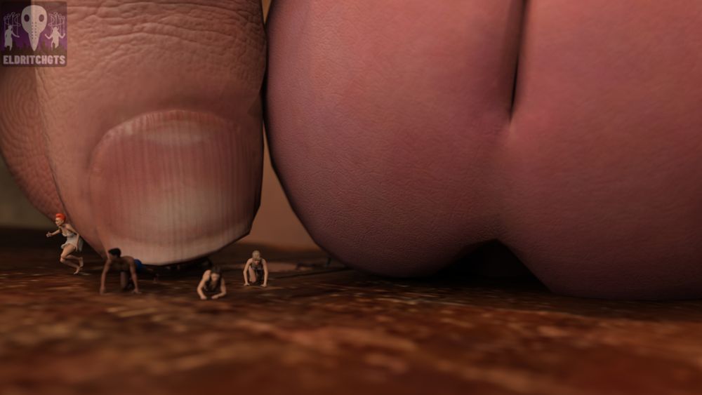 Tinies scramble to flee OA's enormous fingertips while his Titanic cock slit dwarfs the lot