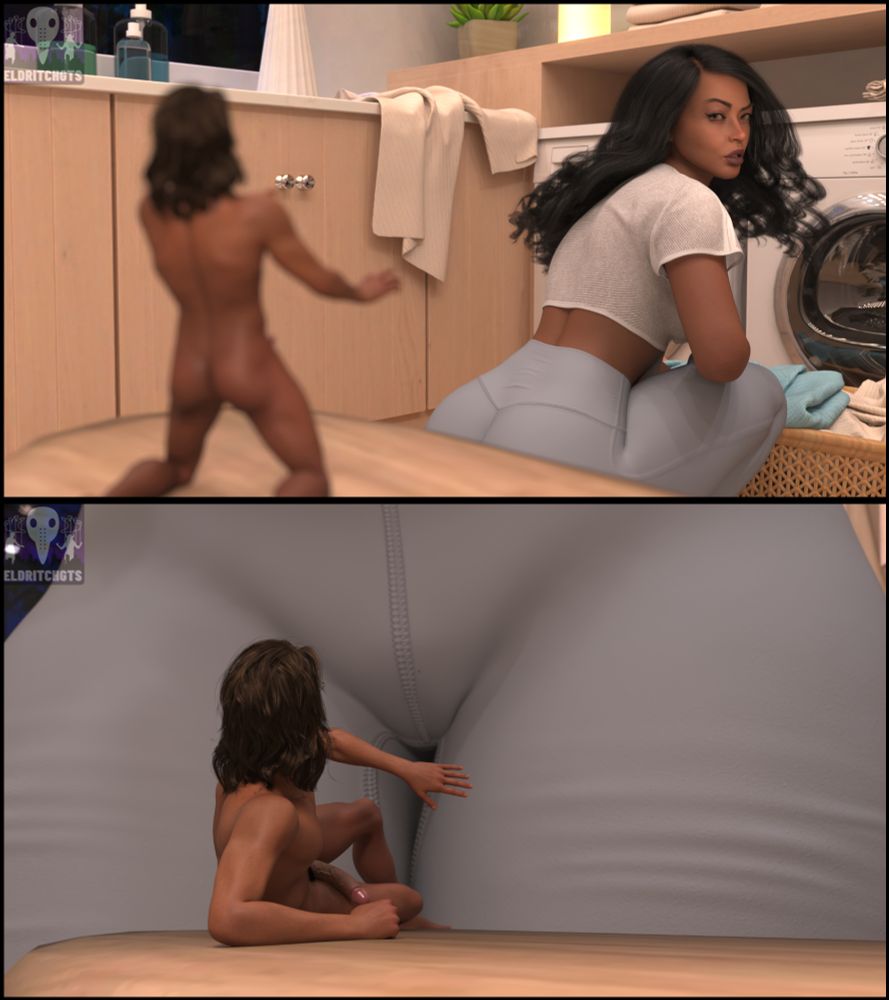 Panel 3 - Feeling the sensation of being watched, the woman turns to look over her shoulder, catching the borrower off guard. 

Panel 4 - Cowering in fear, the borrower crawls backward as the woman closes in on him with ease. Her hips and thighs fill the frame