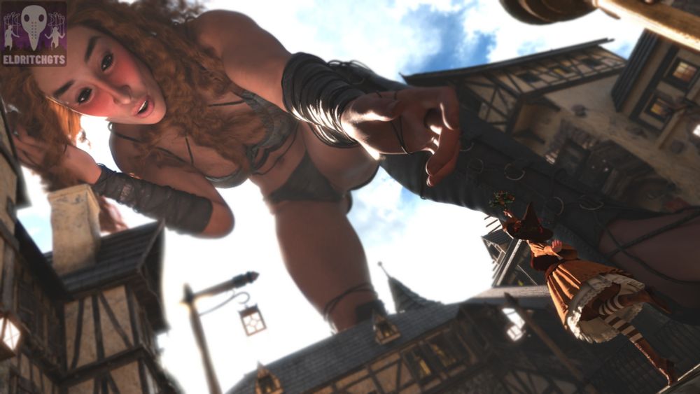 Alt wider POV showing Day in her entirety as she reaches for her gift. One leg planted in the town square while the other vanishes behind a two story building that she easily straddles. She wears the typical scant leathers, cloth and ropes typical for Hill Giants.
