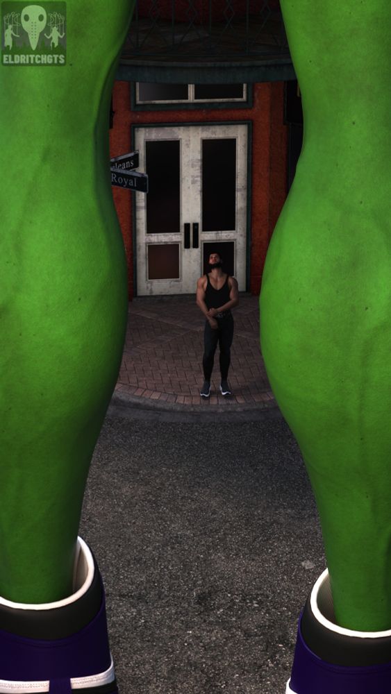The man stands very much dwarfed, framed between the highly toned calves of Ms. Walters.