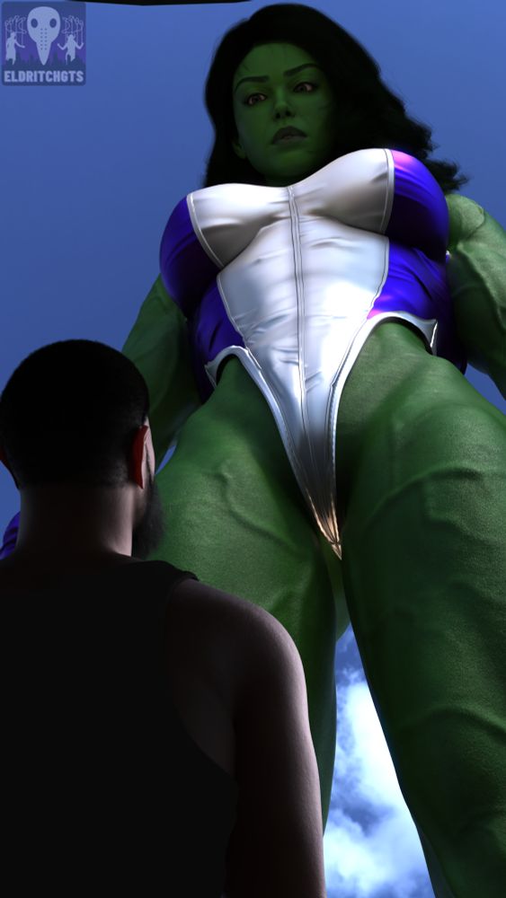 The reverse cowboy shot showing he is looking up in awe at an enormous looming Jennifer Walters, AKA She-Hulk