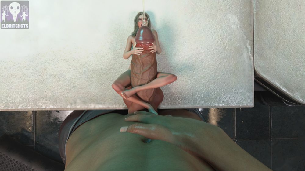 From the giants POV, the tiny woman is almost entirely obscured by his thick cock. Only her limbs hugging him tightly are visible, as is her head just beyond his tip. Her gaze transfixed on his orgasm