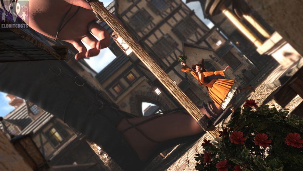 A wide shot from a nearby alleyway shows the witch stretching tall to deliver her gift of flowers into the enormous outstretched hand which comes in from the top of frame.