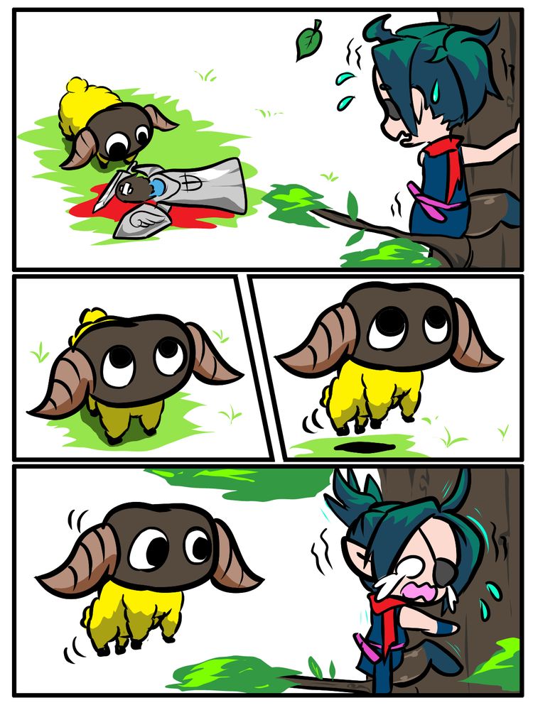 A four panel comic. Top panel is a Yan (a ram with murderous intent) from Final Fantasy XIV staring down at the corpse of a dead paladin on the left, a ninja clings to a tree right, sweating nervously. The middle left panel is the Yan looking up. The middle right panel is the Yan bouncing toward the right. The bottom panel is the cute, murderous Yan jumping up to the height of the Ninja, who now sits crying while they hug the tree.
