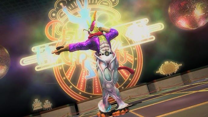 A bunny on a disco dance floor. He had veiny white pants that mimic bell bottoms, an open purple shirt, and frog feet. He also wears flamboyant glasses that stick off his face. He does a disco point to the left. 